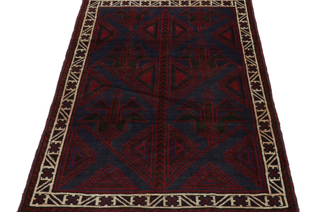 Vintage Balouch Tribal Rug In Red & Blue Geometric Patterns