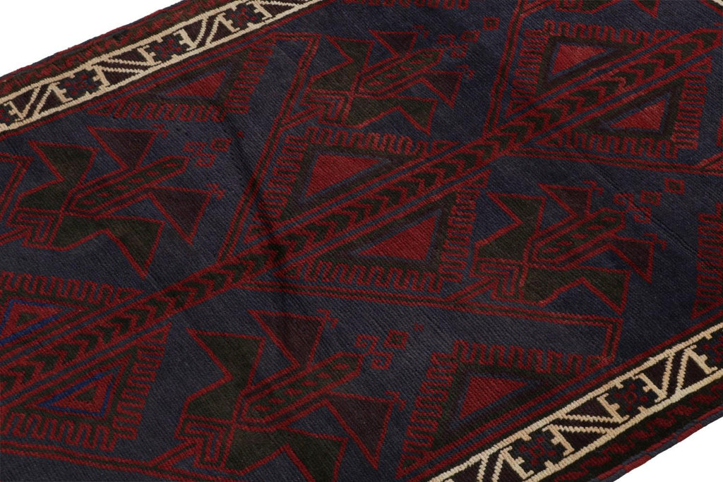 Vintage Balouch Tribal Rug In Red & Blue Geometric Patterns