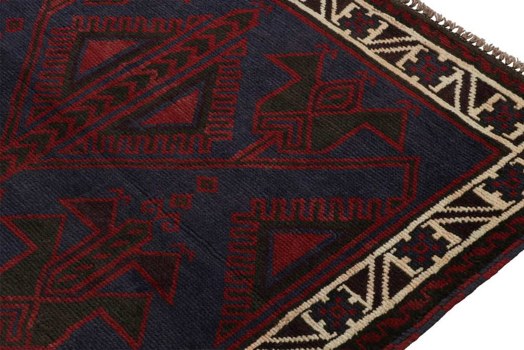 Vintage Balouch Tribal Rug In Red & Blue Geometric Patterns