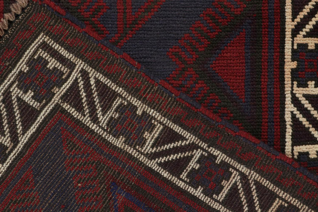 Vintage Balouch Tribal Rug In Red & Blue Geometric Patterns