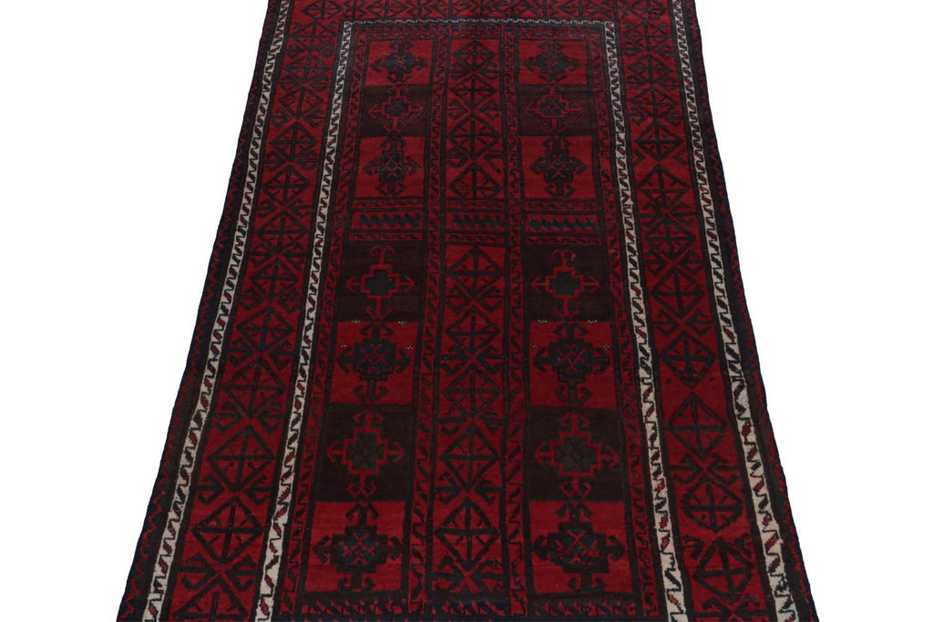 Vintage Balouch Tribal Rug In Red & Navy Blue Geometric Pattern