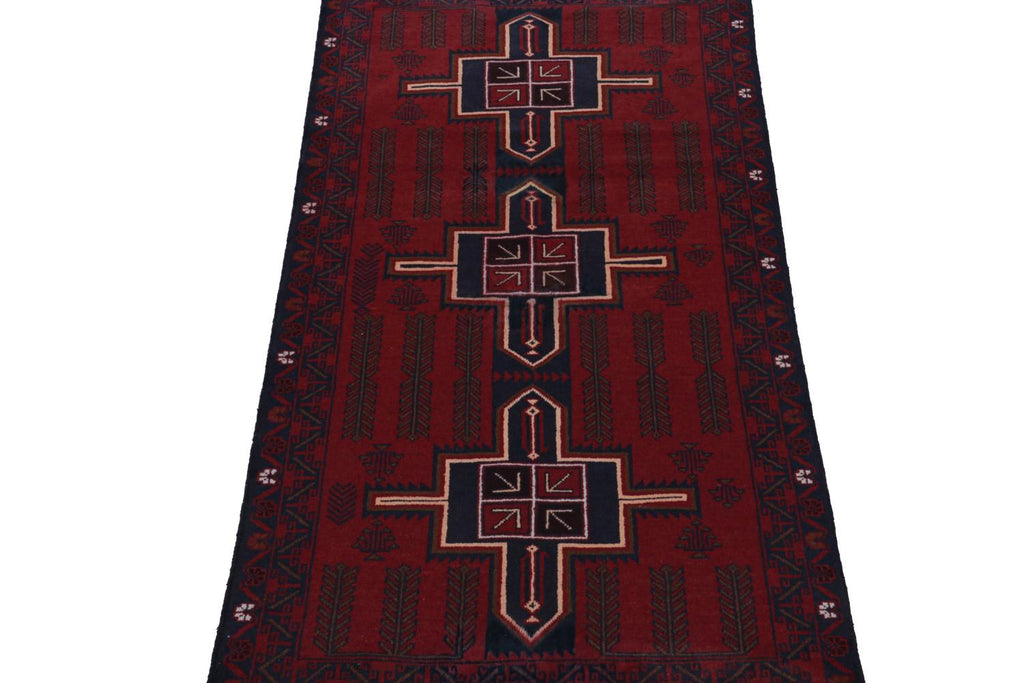 Vintage Balouch Tribal Runner Rug In Red With Geometric Patterns