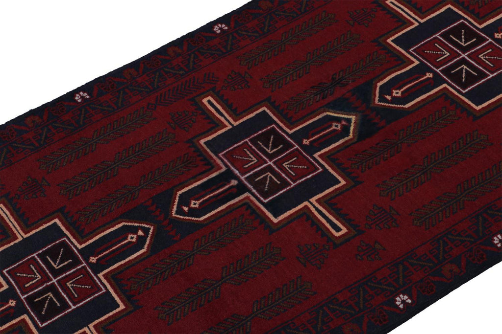 Vintage Balouch Tribal Runner Rug In Red With Geometric Patterns