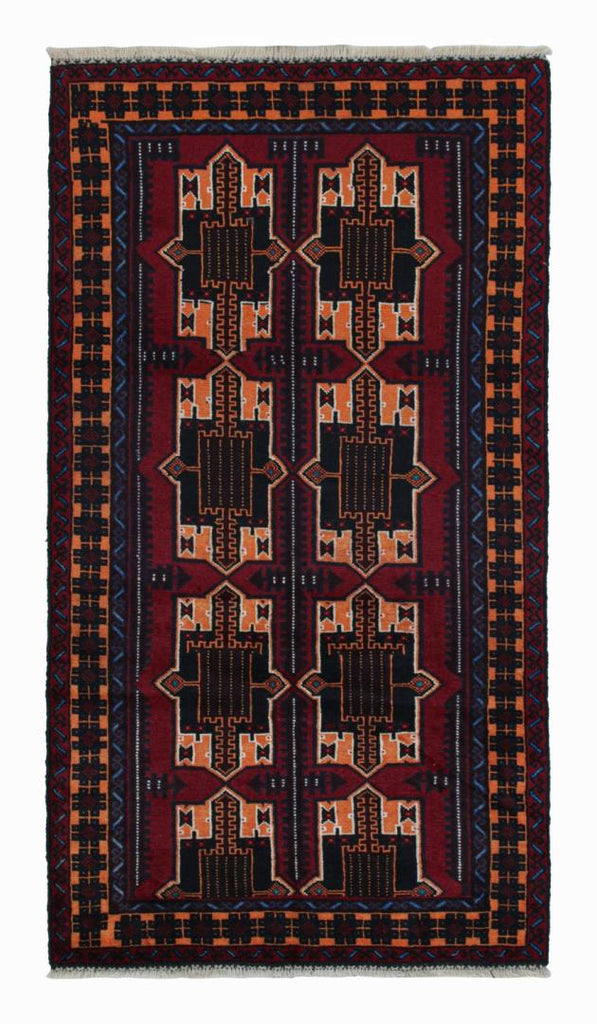 Vintage Balouch Runner Rug In Burgundy With Geometric Patterns