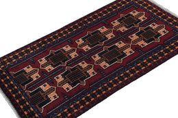 Vintage Balouch Runner Rug In Burgundy With Geometric Patterns