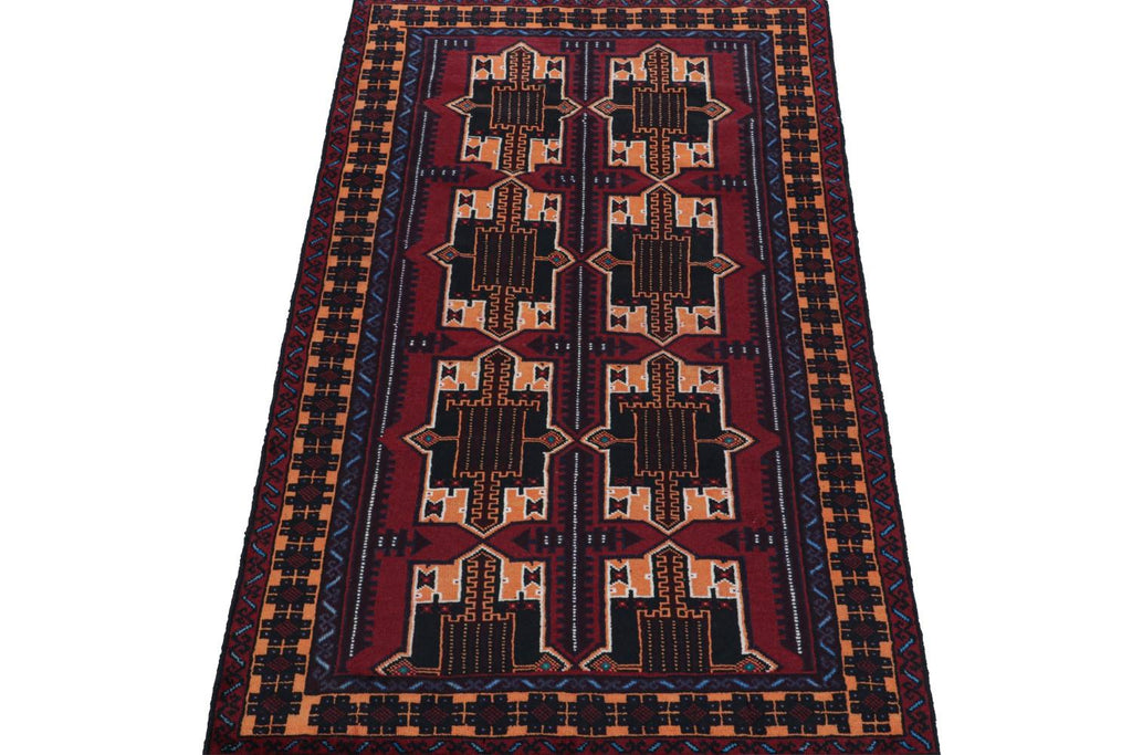 Vintage Balouch Runner Rug In Burgundy With Geometric Patterns