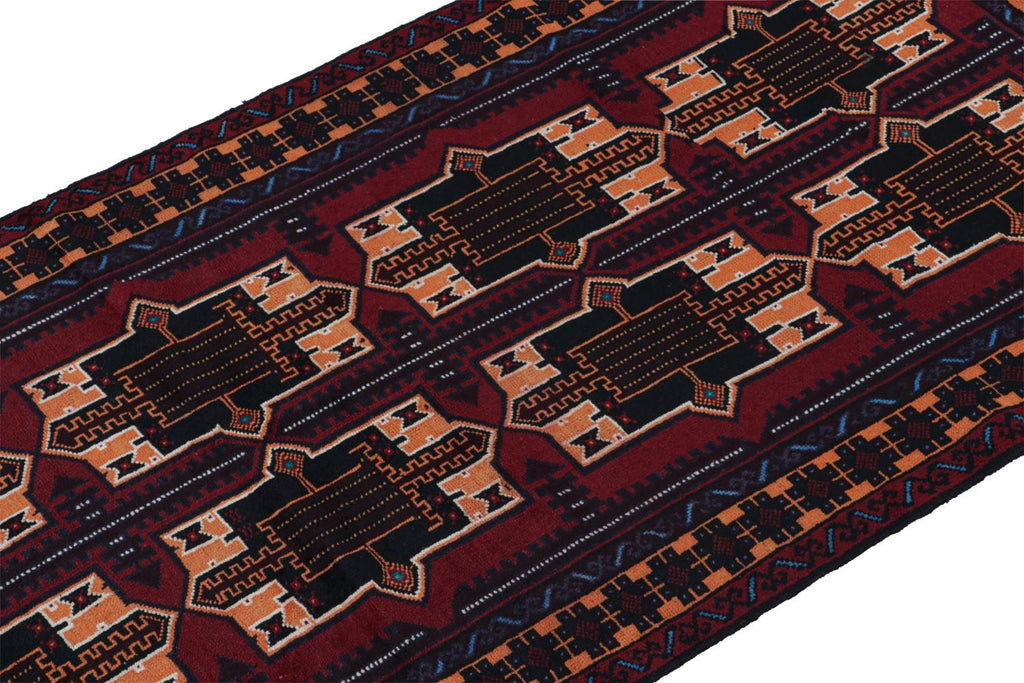 Vintage Balouch Runner Rug In Burgundy With Geometric Patterns