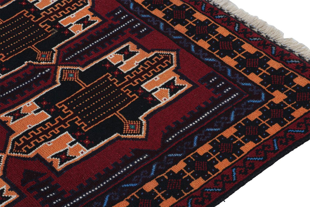 Vintage Balouch Runner Rug In Burgundy With Geometric Patterns