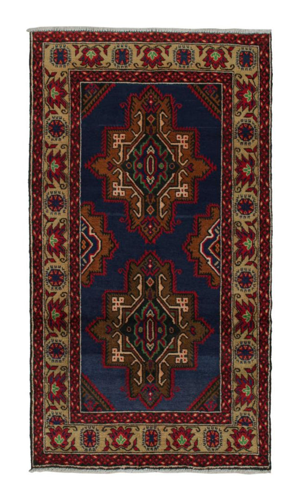 Vintage Balouch Tribal Runner In Red Blue & Brown Patterns