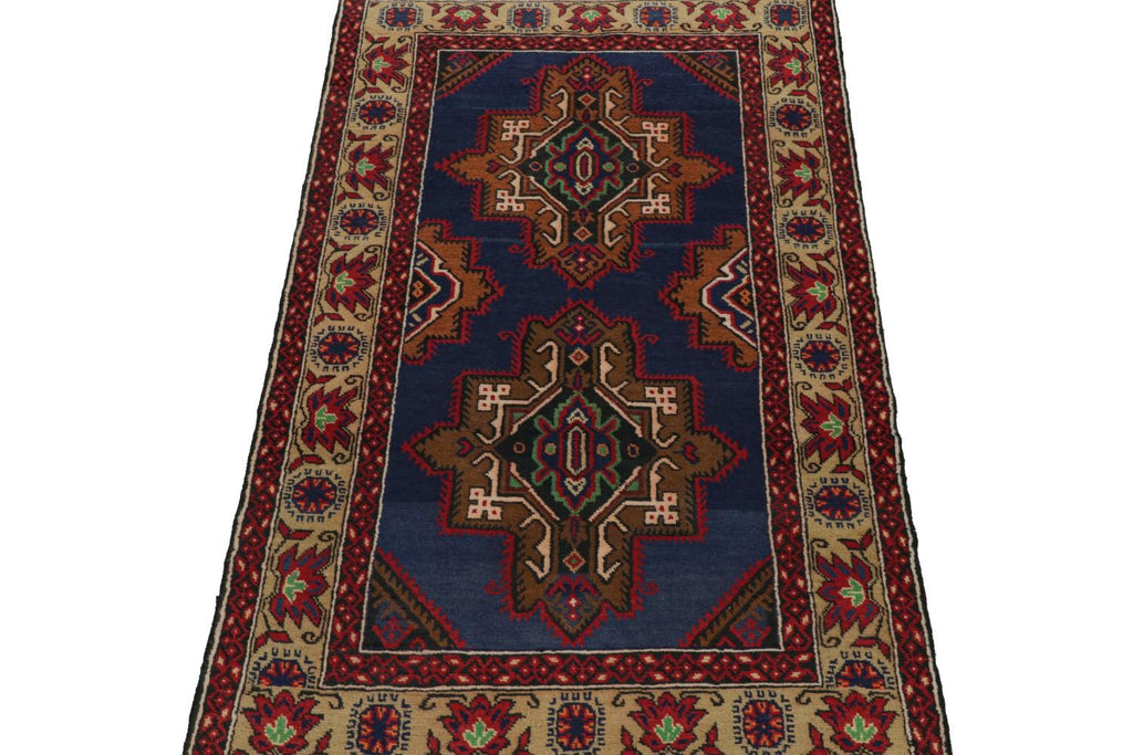 Vintage Balouch Tribal Runner In Red Blue & Brown Patterns