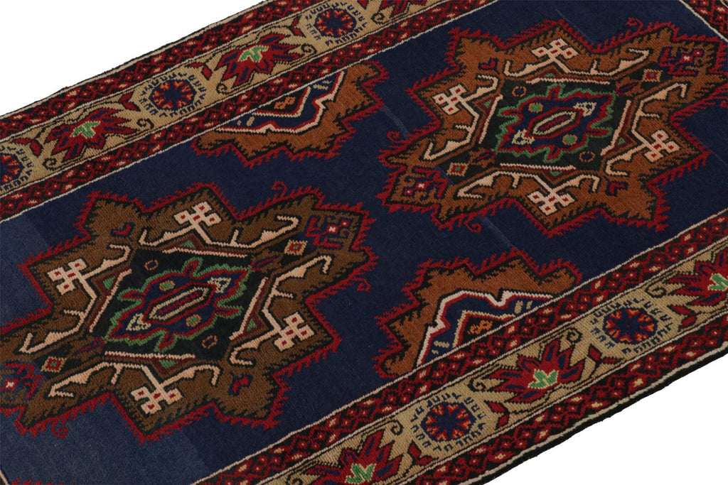 Vintage Balouch Tribal Runner In Red Blue & Brown Patterns