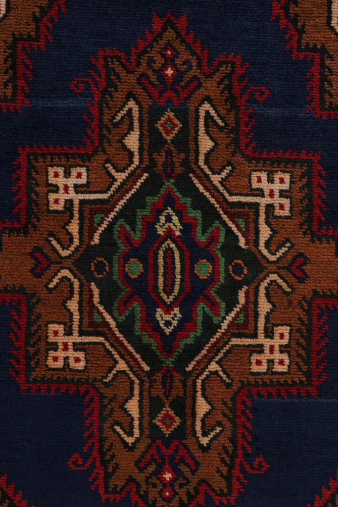 Vintage Balouch Tribal Runner In Red Blue & Brown Patterns