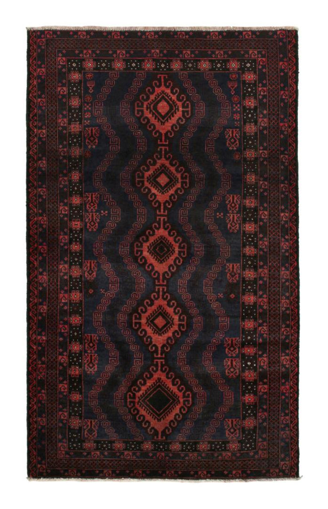 Vintage Balouch Tribal Rug In Red Blue & Brown Patterns 4x7