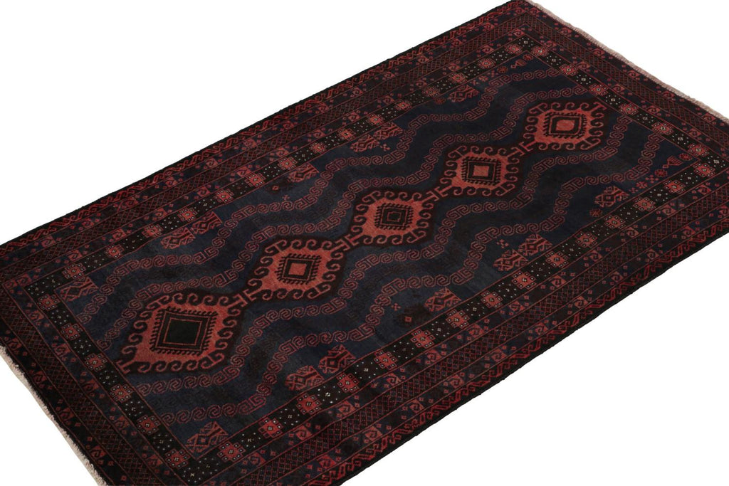 Vintage Balouch Tribal Rug In Red Blue & Brown Patterns 4x7