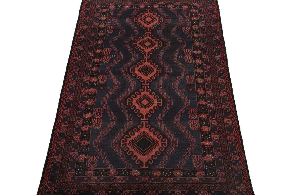 Vintage Balouch Tribal Rug In Red Blue & Brown Patterns 4x7