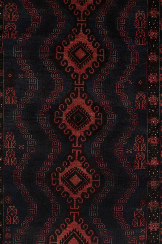 Vintage Balouch Tribal Rug In Red Blue & Brown Patterns 4x7