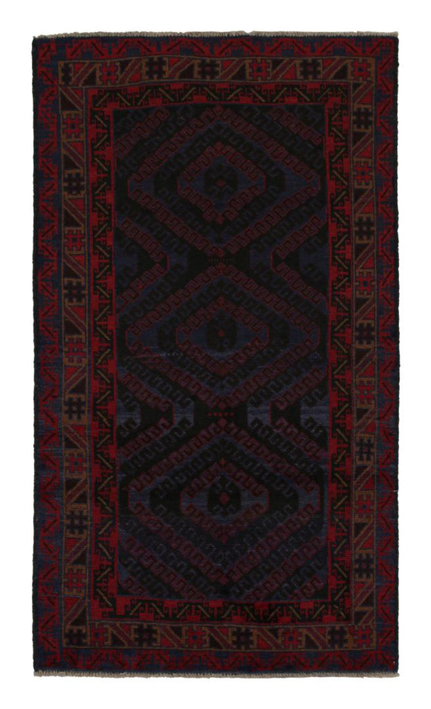 Vintage Balouch Tribal Rug In Blue With Red Geometric Patterns