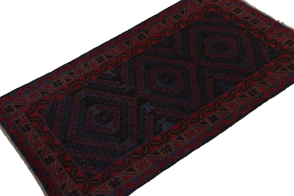 Vintage Balouch Tribal Rug In Blue With Red Geometric Patterns