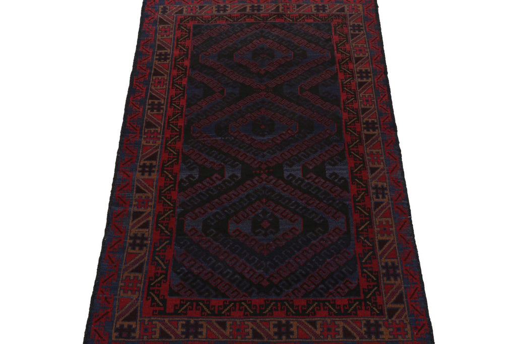 Vintage Balouch Tribal Rug In Blue With Red Geometric Patterns