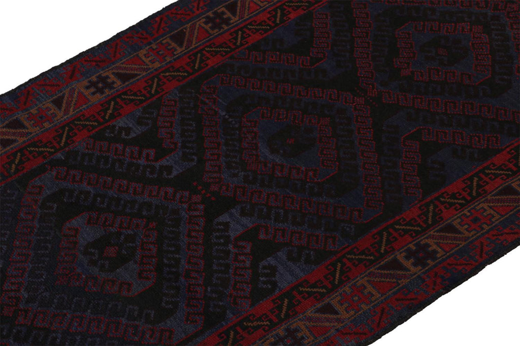 Vintage Balouch Tribal Rug In Blue With Red Geometric Patterns