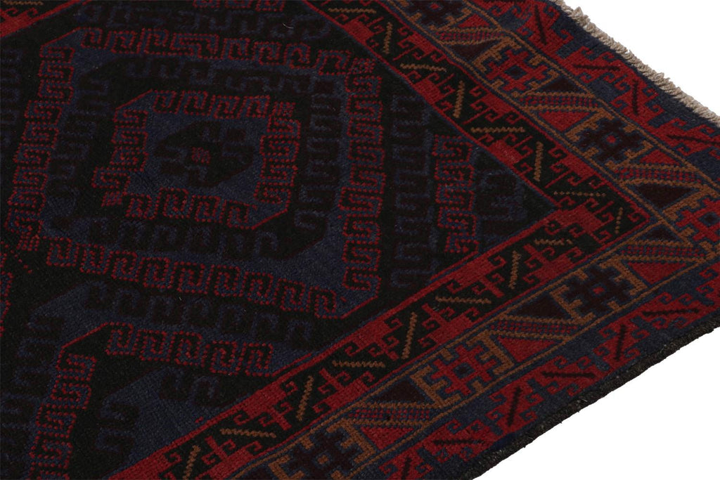 Vintage Balouch Tribal Rug In Blue With Red Geometric Patterns