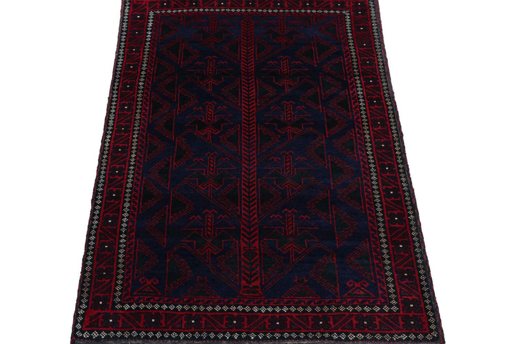 Vintage Balouch Tribal Rug In Blue With Red Geometric Patterns 4X6