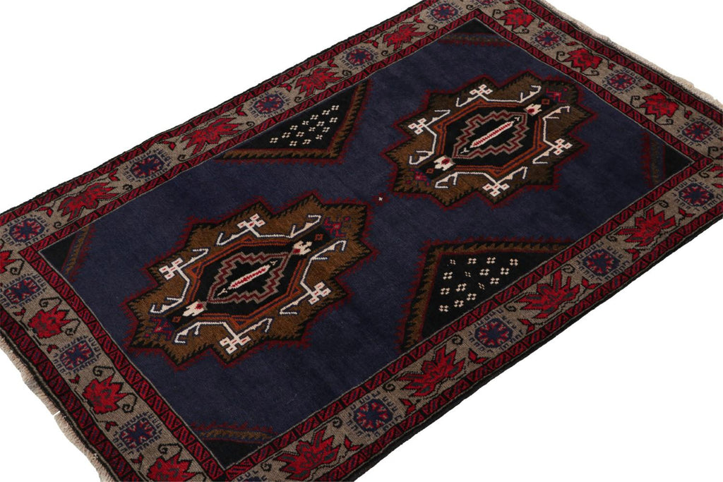 Vintage Balouch Persian Rug In Blue With Gold Red Black Patterns