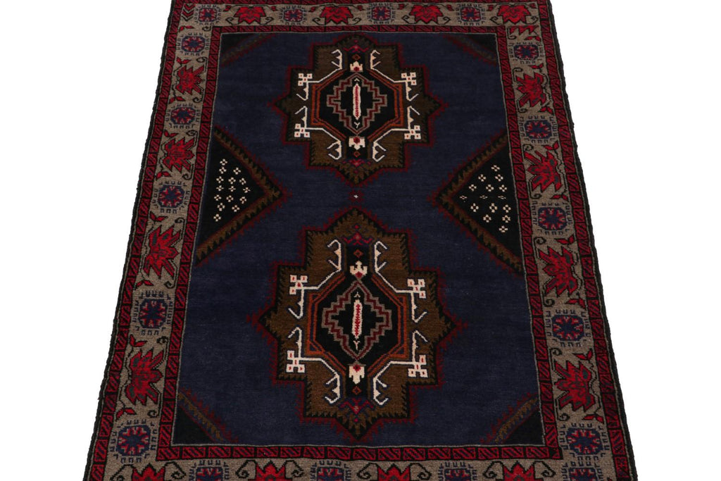 Vintage Balouch Persian Rug In Blue With Gold Red Black Patterns