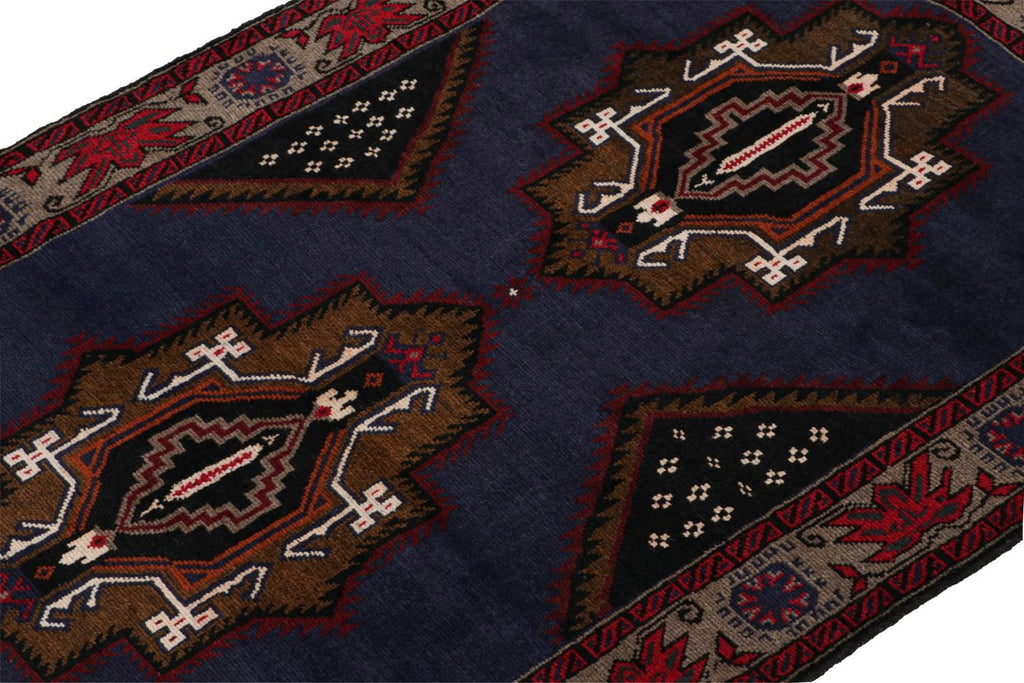 Vintage Balouch Persian Rug In Blue With Gold Red Black Patterns