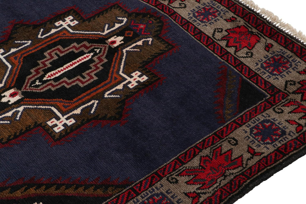 Vintage Balouch Persian Rug In Blue With Gold Red Black Patterns