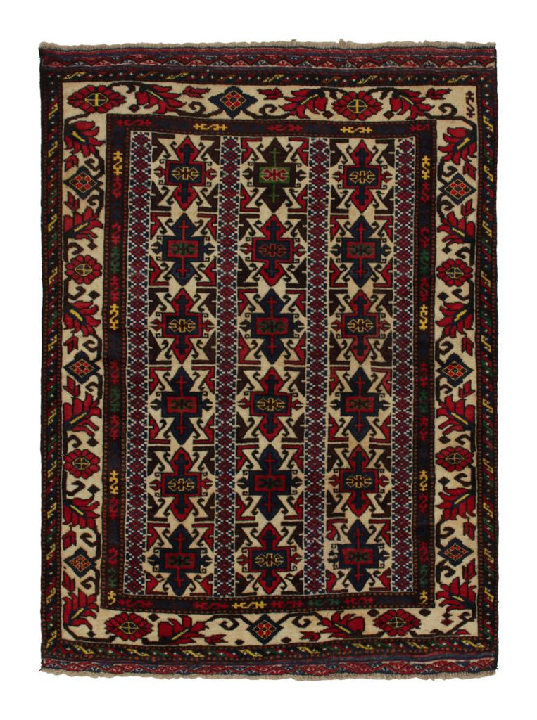 Vintage Balouch Persian Rug In Red Beige Blue & Brown Patterns