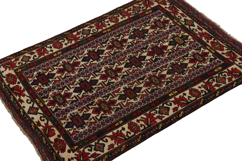 Vintage Balouch Persian Rug In Red Beige Blue & Brown Patterns