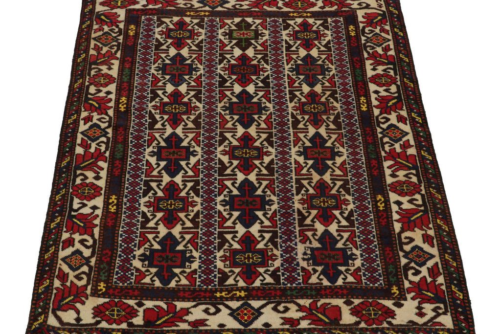 Vintage Balouch Persian Rug In Red Beige Blue & Brown Patterns