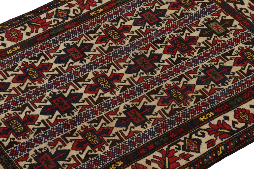 Vintage Balouch Persian Rug In Red Beige Blue & Brown Patterns