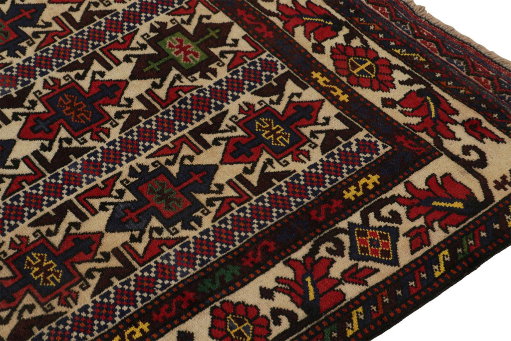 Vintage Balouch Persian Rug In Red Beige Blue & Brown Patterns