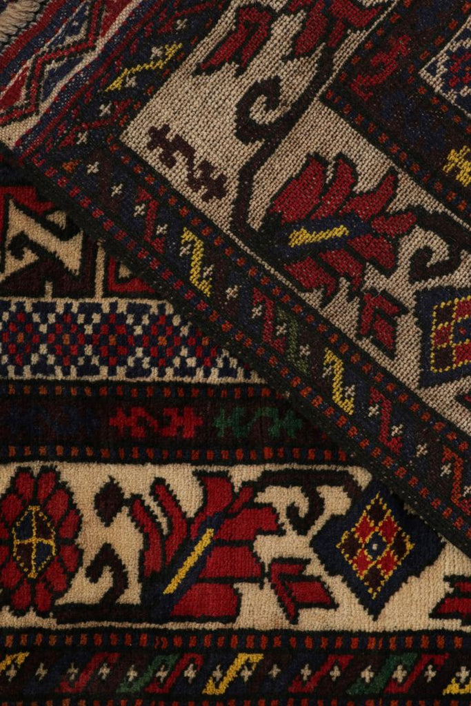 Vintage Balouch Persian Rug In Red Beige Blue & Brown Patterns