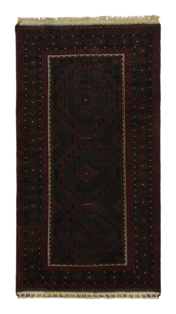 Vintage Balouch Runner Rug In Maroon & Blue Geometric Patterns