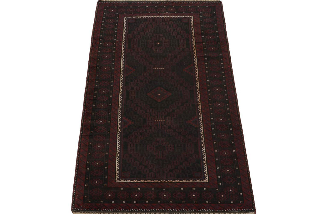 Vintage Balouch Runner Rug In Maroon & Blue Geometric Patterns