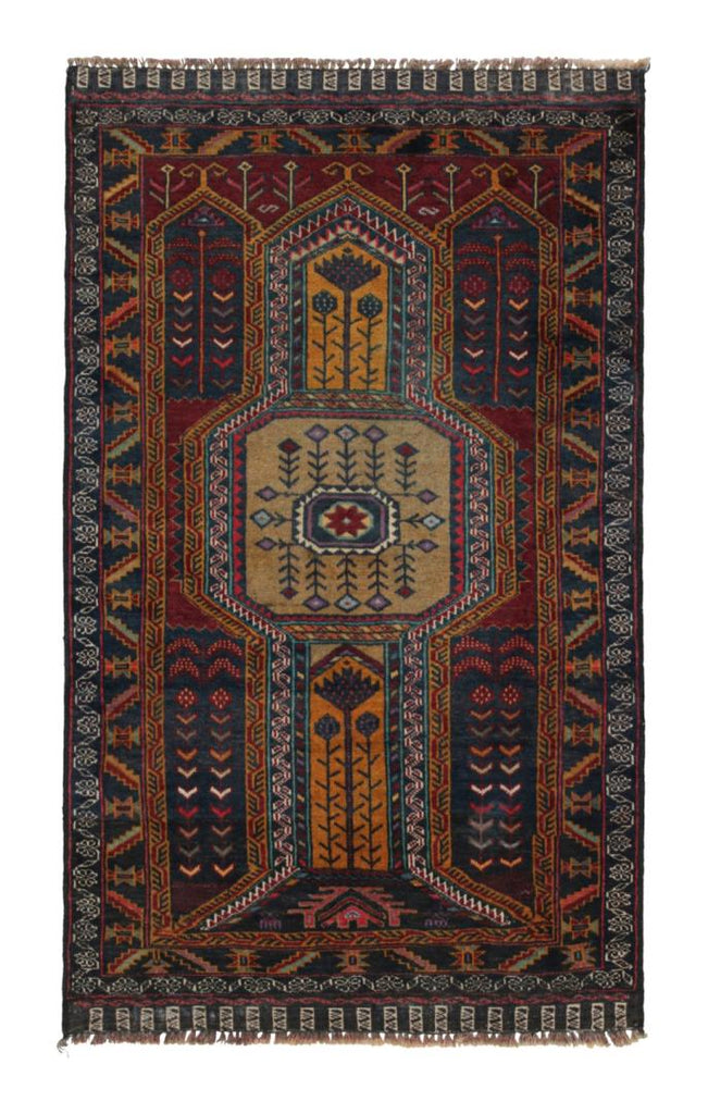 Vintage Balouch Persian Rug In Blue Brown Gold & Red Patterns