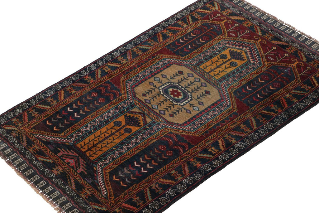 Vintage Balouch Persian Rug In Blue Brown Gold & Red Patterns