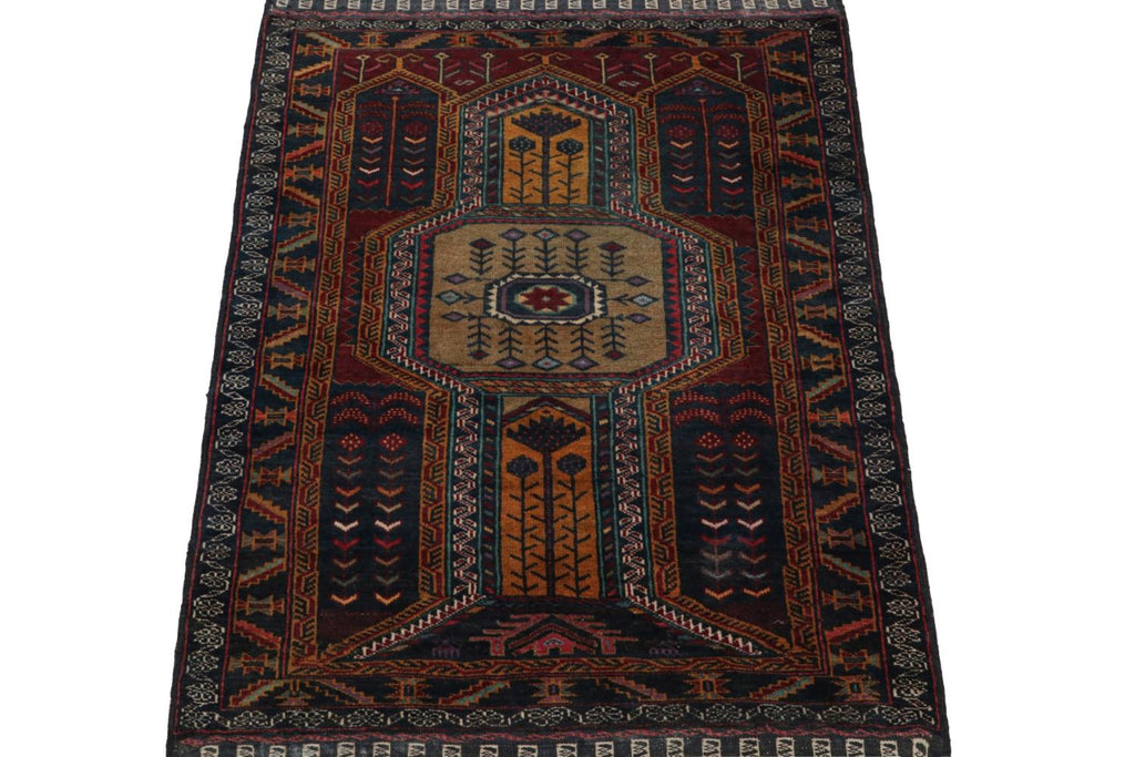 Vintage Balouch Persian Rug In Blue Brown Gold & Red Patterns