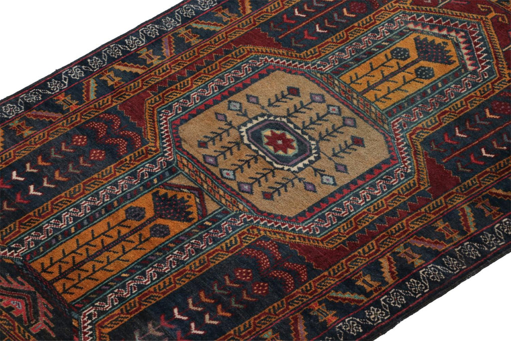 Vintage Balouch Persian Rug In Blue Brown Gold & Red Patterns