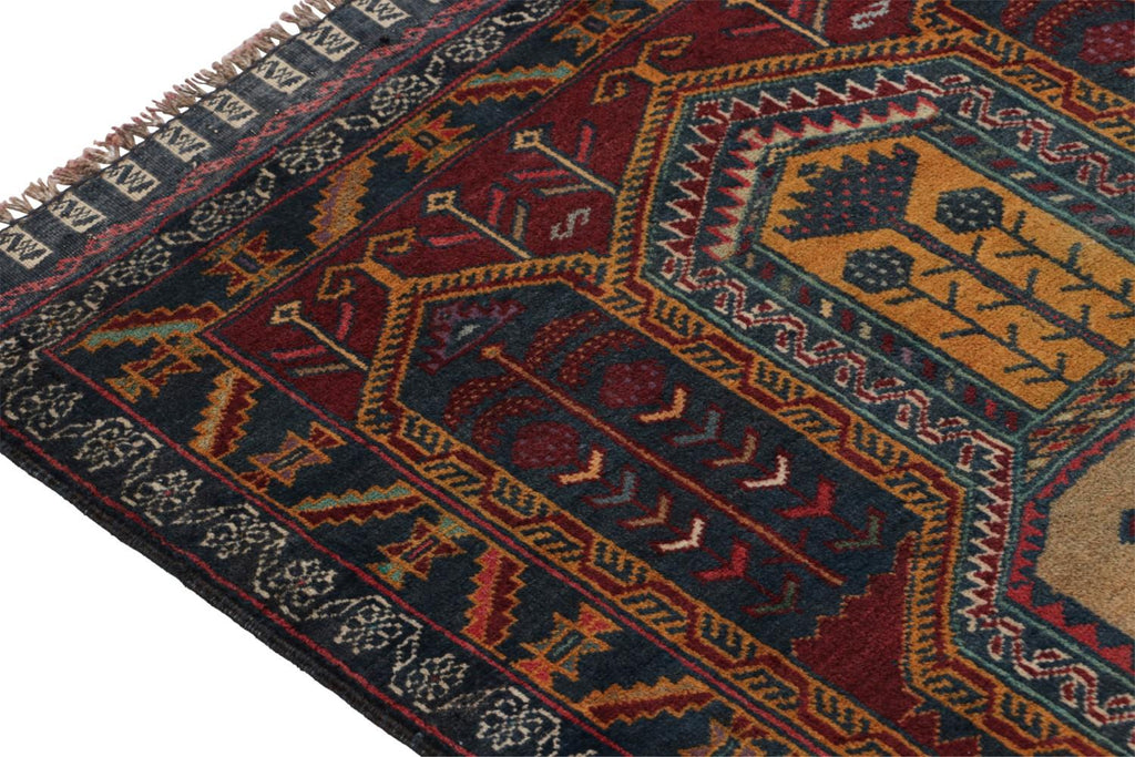 Vintage Balouch Persian Rug In Blue Brown Gold & Red Patterns