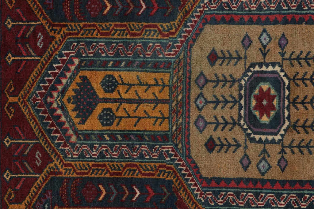 Vintage Balouch Persian Rug In Blue Brown Gold & Red Patterns