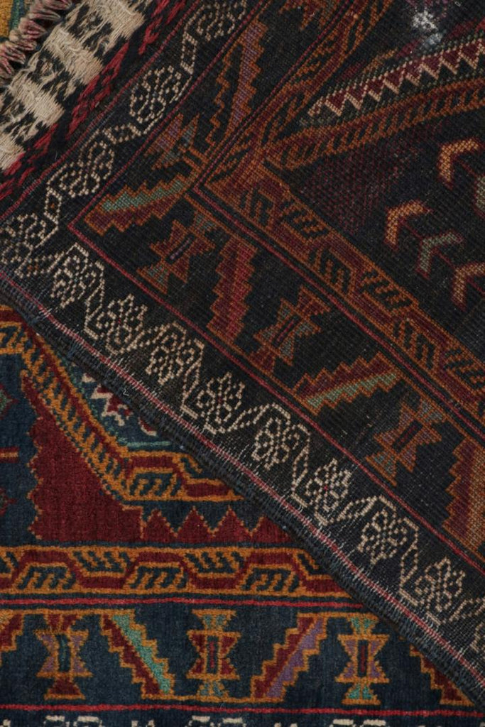 Vintage Balouch Persian Rug In Blue Brown Gold & Red Patterns