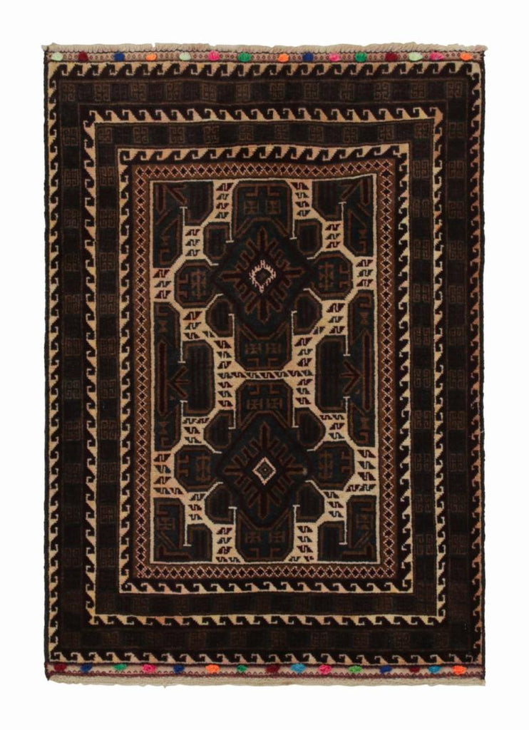 Vintage Balouch Persian Rug In Beige Brown & Blue Patterns