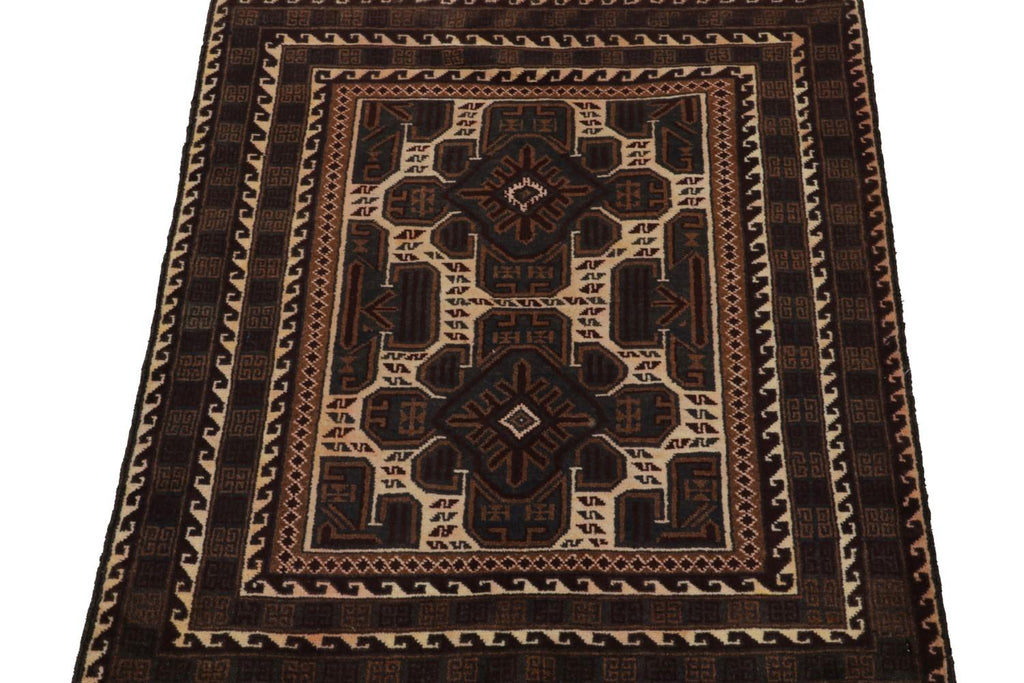 Vintage Balouch Persian Rug In Beige Brown & Blue Patterns