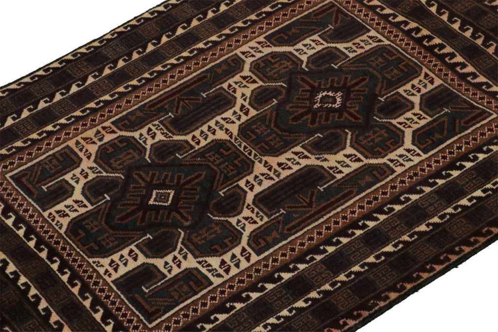 Vintage Balouch Persian Rug In Beige Brown & Blue Patterns