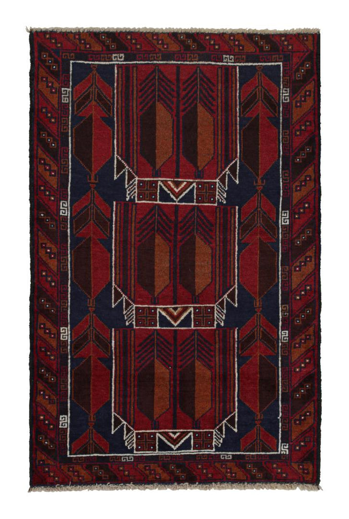 Vintage Balouch Persian Rug In Red Blue Brown Tribal Patterns