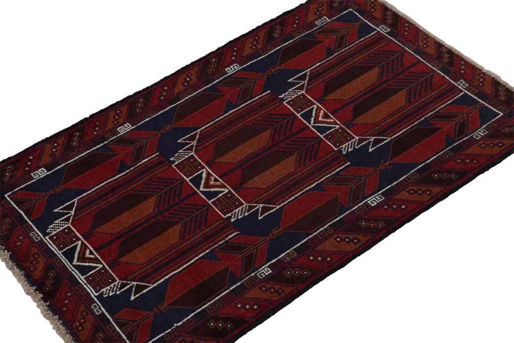 Vintage Balouch Persian Rug In Red Blue Brown Tribal Patterns